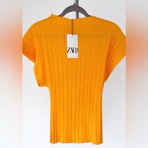ZARA Bright Orange Pleated Top NWT Size S Structured Blouse